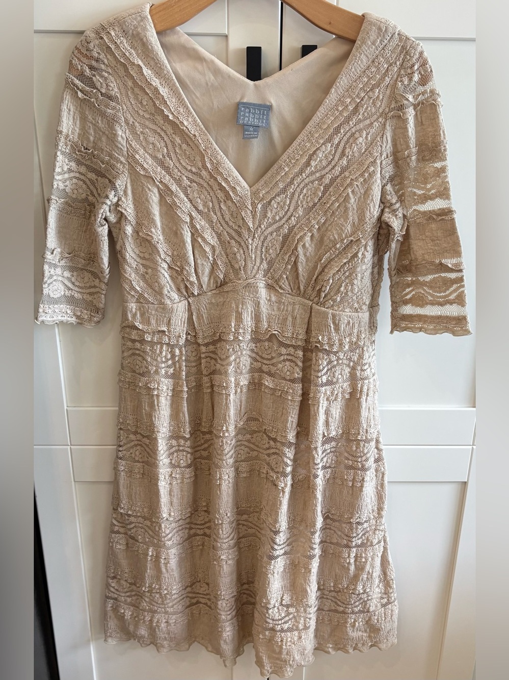 Rabbit Rabbit Rabbit Lace V-Neck Dress in Beige